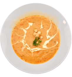 Krémová rybí polévka s opečenou kořenovou zeleninou a máslovým krutony